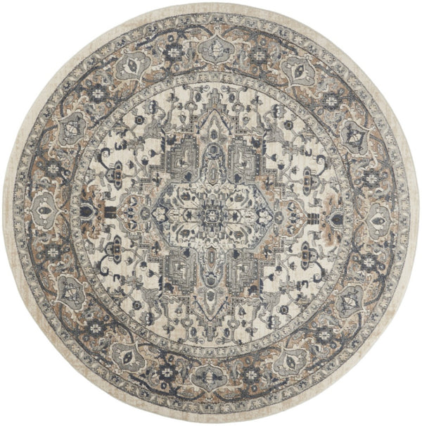 HomeRoots 8' Ivory and Grey Oriental Power Loom Area Rug for Elegant Living Spaces - Soft, Non-Skid Design 8' Round Round 480260