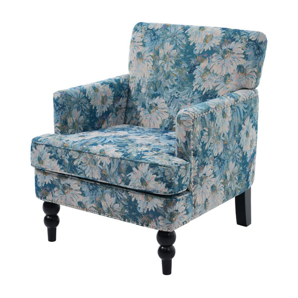English Elm Harrison Tufted Club Chair Smooth Upholstered Accent Seat with Turned Legs for Living Room Blue+Multi N767P425084O