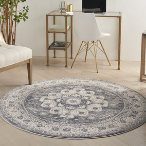 Homeroots 5' Grey And Ivory Round Oriental Power Loom Non Skid Area Rug  Polypropylene 480275