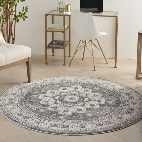 Homeroots 5' Grey And Ivory Round Oriental Power Loom Non Skid Area Rug  Polypropylene 480275