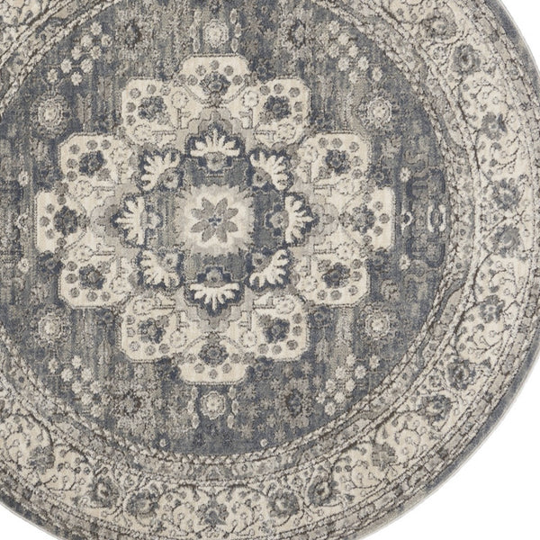 Homeroots 5' Grey And Ivory Round Oriental Power Loom Non Skid Area Rug  Polypropylene 480275