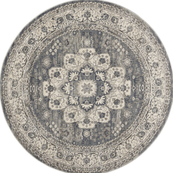 Homeroots 5' Grey And Ivory Round Oriental Power Loom Non Skid Area Rug  Polypropylene 480275
