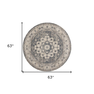 Homeroots 5' Grey And Ivory Round Oriental Power Loom Non Skid Area Rug  Polypropylene 480275