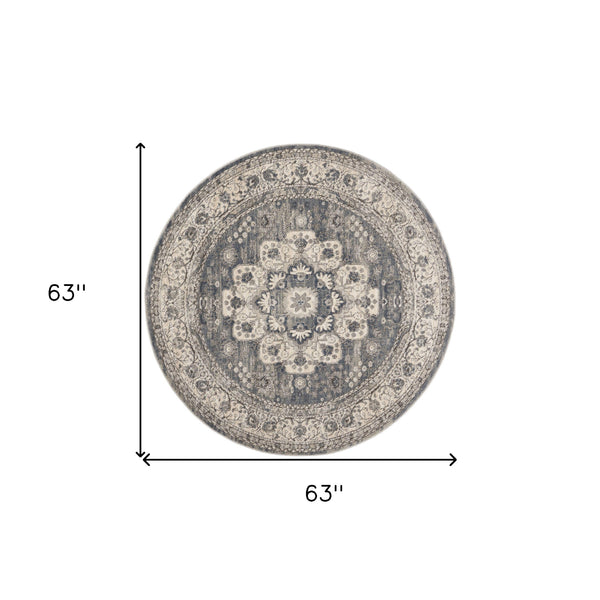 Homeroots 5' Grey And Ivory Round Oriental Power Loom Non Skid Area Rug  Polypropylene 480275