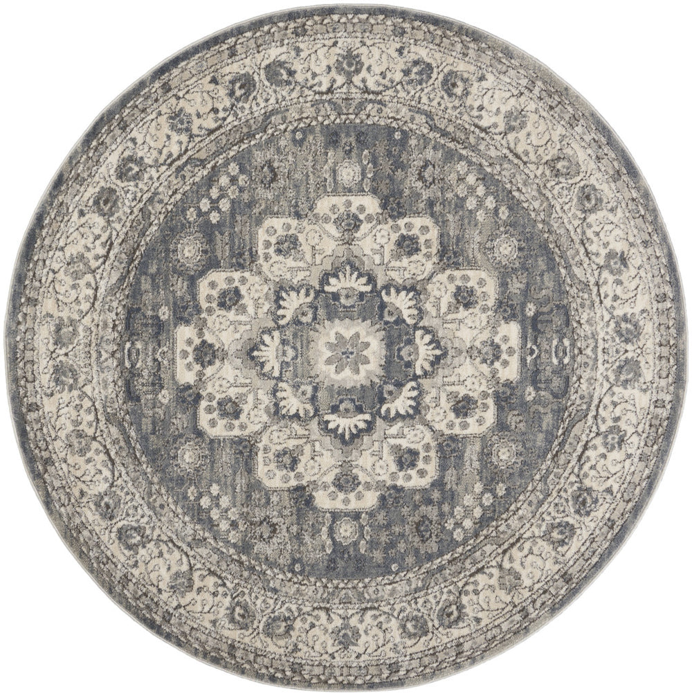 Homeroots 5' Grey And Ivory Round Oriental Power Loom Non Skid Area Rug  Polypropylene 480275