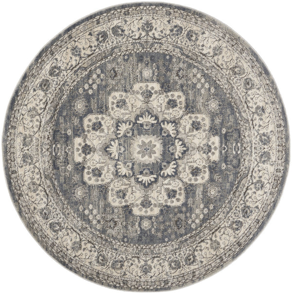 Homeroots 5' Grey And Ivory Round Oriental Power Loom Non Skid Area Rug  Polypropylene 480275