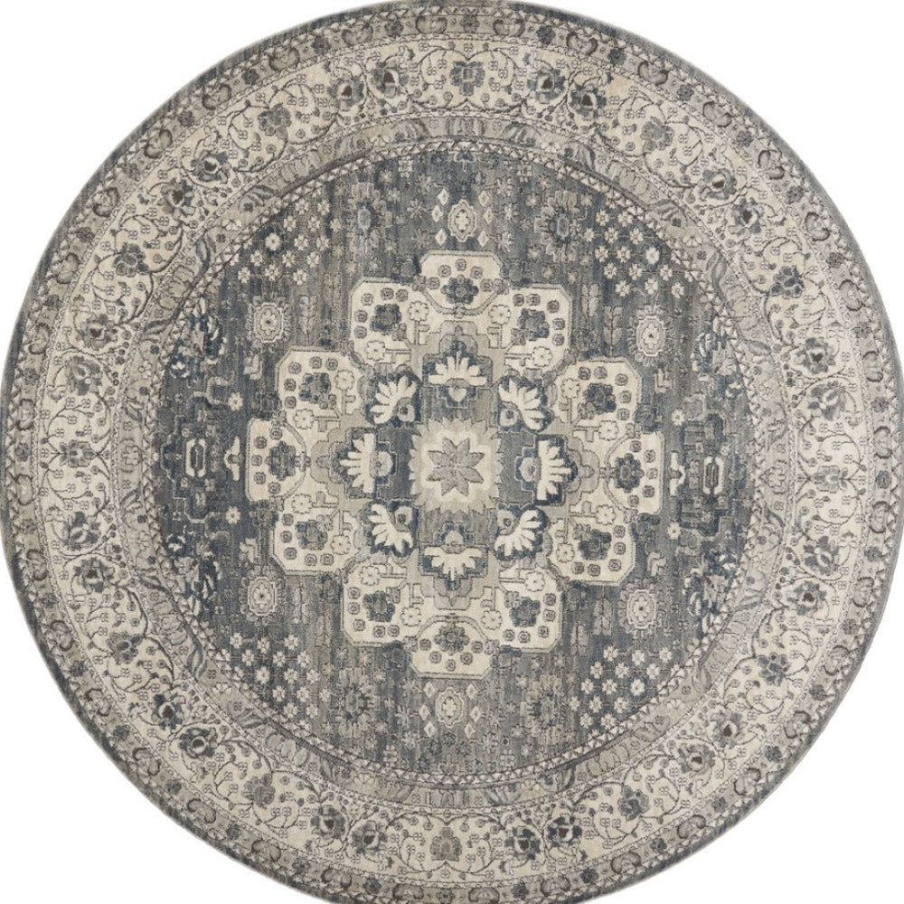 HomeRoots 8' Grey and Ivory Oriental Power Loom Area Rug - Contemporary Design with Non-Skid Backing 8' Round Round 480277