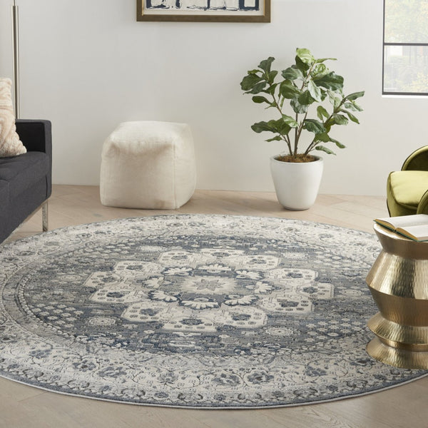HomeRoots 8' Grey and Ivory Oriental Power Loom Area Rug - Contemporary Design with Non-Skid Backing 8' Round Round 480277