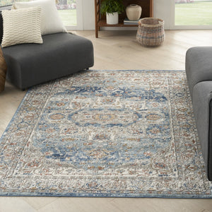 HomeRoots 5' Elegant Ivory and Blue Oriental Area Rug - Durable, Non-Skid Design for High-Traffic Spaces 5' X 7' 480296