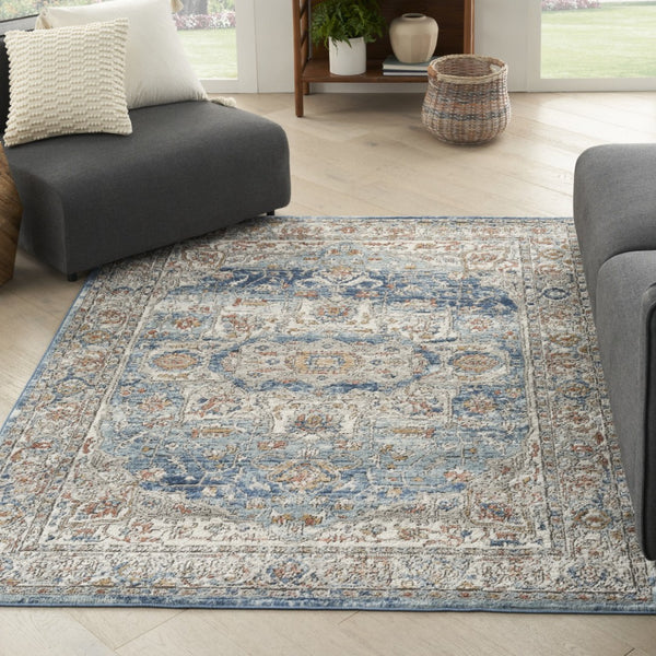 HomeRoots 5' Elegant Ivory and Blue Oriental Area Rug - Durable, Non-Skid Design for High-Traffic Spaces 5' X 7' 480296