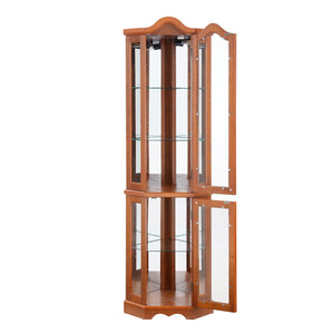 English Elm Lighted Corner Curio Cabinet With Adjustable Shelves & Tempered Glass - Elegant Oak Display Piece W1758P300132