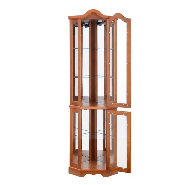 English Elm Lighted Corner Curio Cabinet With Adjustable Shelves & Tempered Glass - Elegant Oak Display Piece W1758P300132
