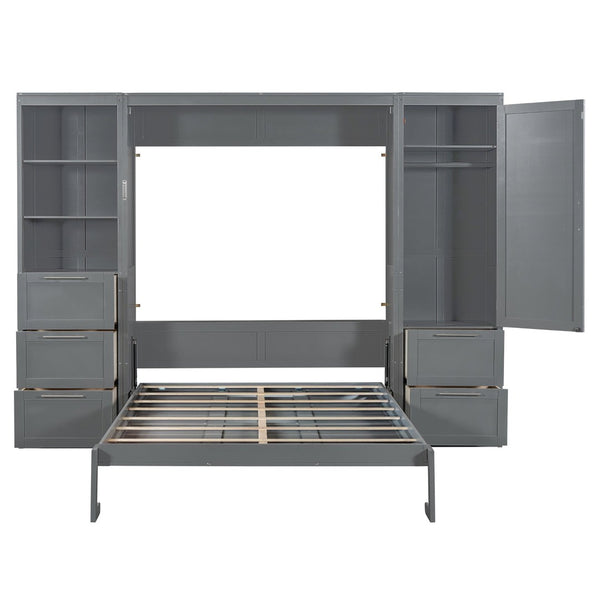 English Elm Queen Murphy Wall Bed with Wardrobe Drawers and Shelves for Studio or Guest Room Gray LP000865AAE-2