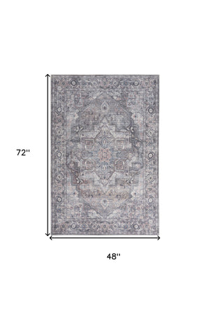Homeroots 4' X 6' Grey Oriental Power Loom Distressed Washable Area Rug  Cotton Blend 480348