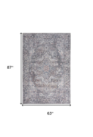 Homeroots 5' X 7' Grey Oriental Power Loom Distressed Washable Area Rug  Cotton Blend 480349