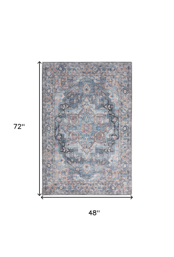 Homeroots 4' X 6' Light Blue Oriental Power Loom Distressed Washable Area Rug  Cotton Blend 480352