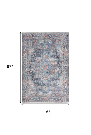 Homeroots 5' X 7' Light Blue Oriental Power Loom Distressed Washable Area Rug  Cotton Blend 480353