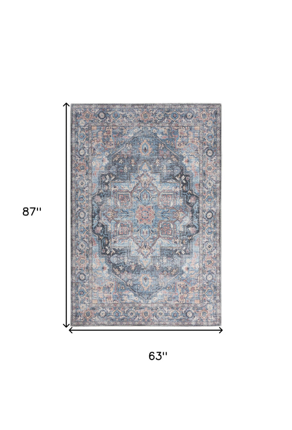 Homeroots 5' X 7' Light Blue Oriental Power Loom Distressed Washable Area Rug  Cotton Blend 480353
