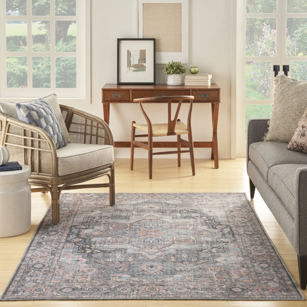 HomeRoots 5' Light Blue Oriental Area Rug – Vintage-Inspired, Washable, Durable, and Elegant for Any Room 5' X 7' 480353