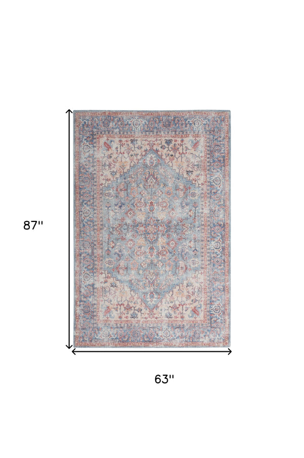 Homeroots 5' X 7' Blue Oriental Power Loom Distressed Washable Area Rug  Cotton Blend 480373