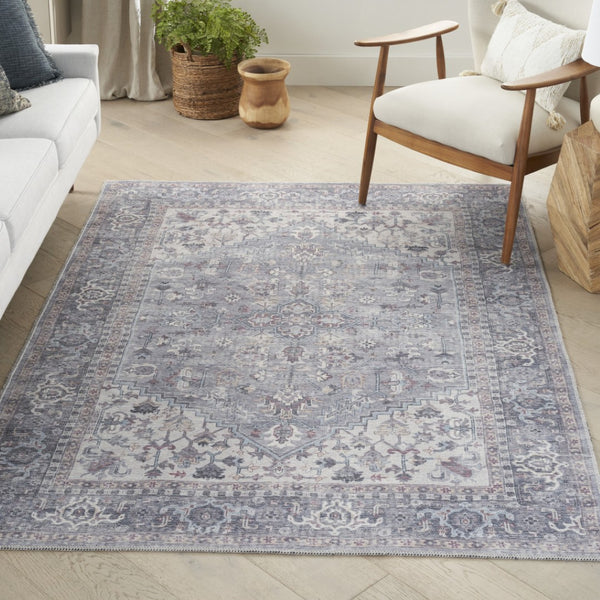 HomeRoots 5' Elegant Grey Oriental Area Rug - Distressed Vintage Style, Soft Chenille, Machine-Washable Design 5' X 7' 480377
