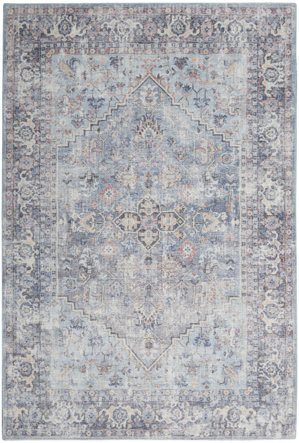 Homeroots 4' X 6' Light Grey And Blue Oriental Power Loom Distressed Washable Area Rug  Cotton Blend 480380