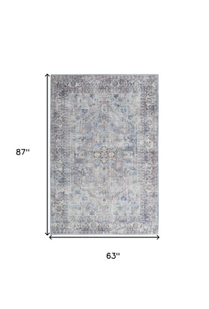 Homeroots 5' X 7' Light Grey And Blue Oriental Power Loom Distressed Washable Area Rug  Cotton Blend 480381