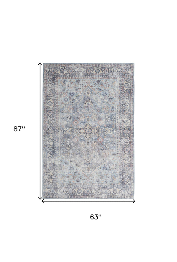 Homeroots 5' X 7' Light Grey And Blue Oriental Power Loom Distressed Washable Area Rug  Cotton Blend 480381