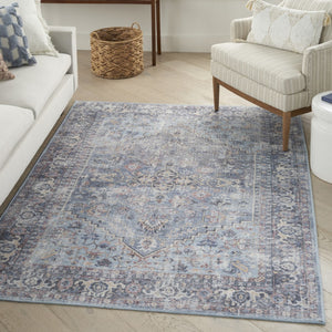 HomeRoots 5' Light Grey and Blue Oriental Rug - Distressed Washable Flatweave for Modern Living Spaces 5' X 7' 480381