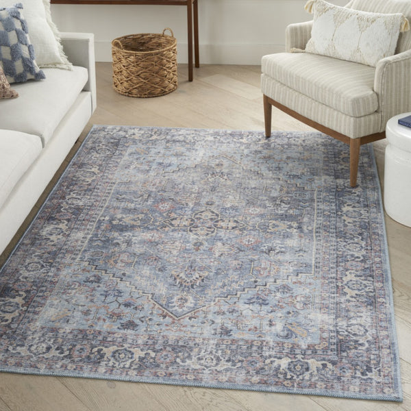 HomeRoots 5' Light Grey and Blue Oriental Rug - Distressed Washable Flatweave for Modern Living Spaces 5' X 7' 480381