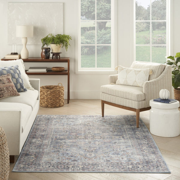 HomeRoots 5' Light Grey and Blue Oriental Rug - Distressed Washable Flatweave for Modern Living Spaces 5' X 7' 480381
