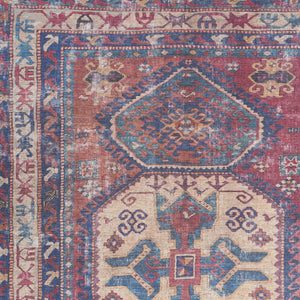 Homeroots 4' X 6' Red And Navy Oriental Power Loom Distressed Washable Area Rug  Cotton Blend 480384