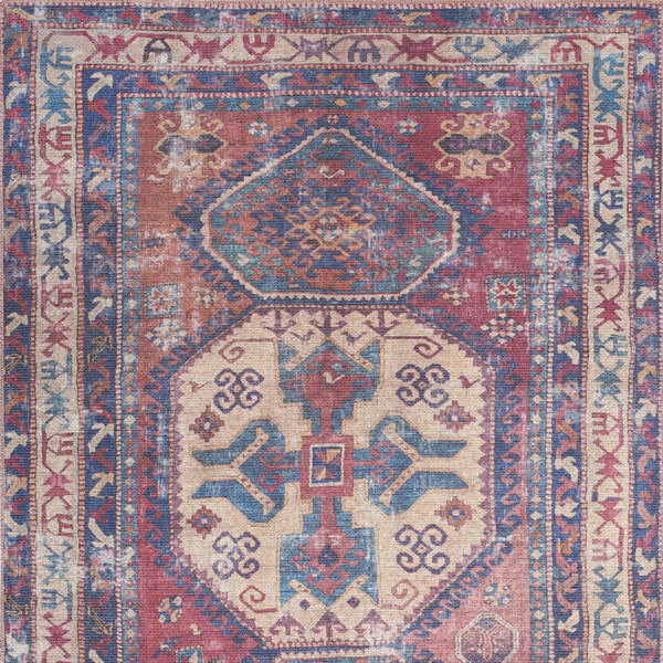 Homeroots 4' X 6' Red And Navy Oriental Power Loom Distressed Washable Area Rug  Cotton Blend 480384