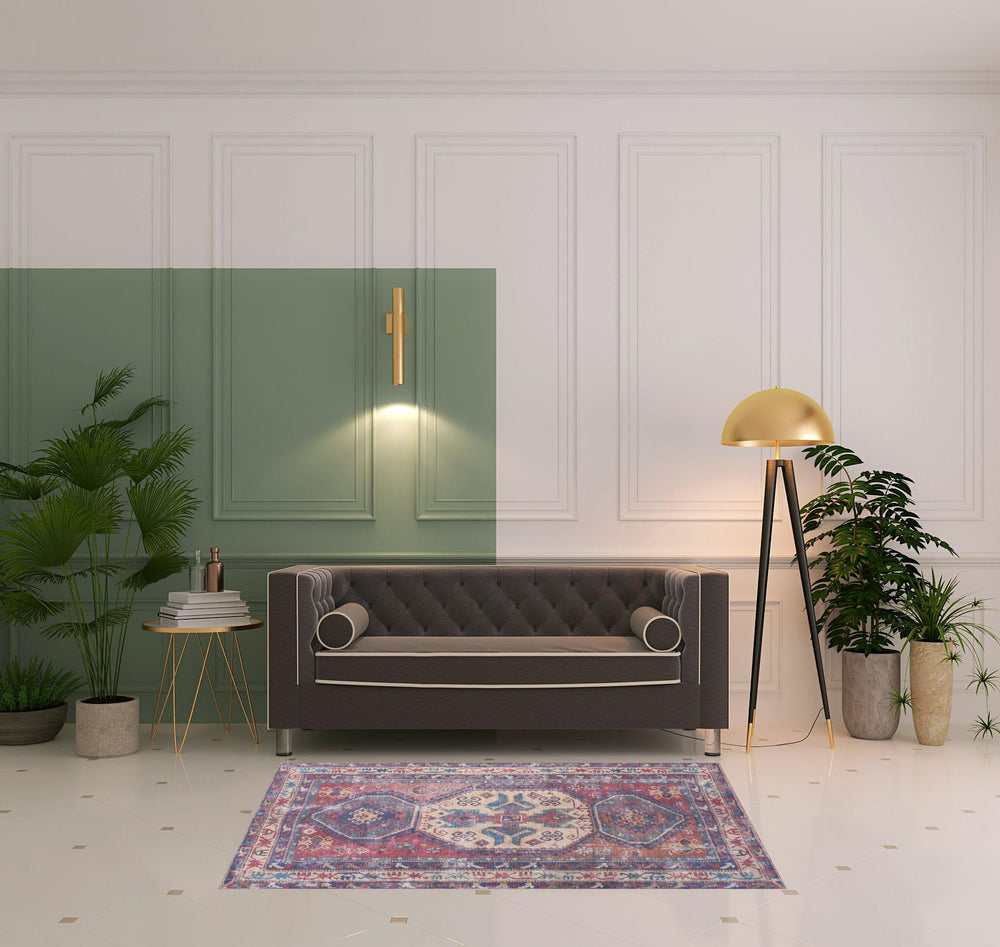 Homeroots 4' X 6' Red And Navy Oriental Power Loom Distressed Washable Area Rug  Cotton Blend 480384