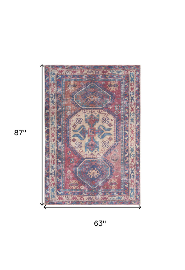 Homeroots 5' X 7' Red And Navy Southwestern Power Loom Distressed Washable Area Rug  Cotton Blend 480385