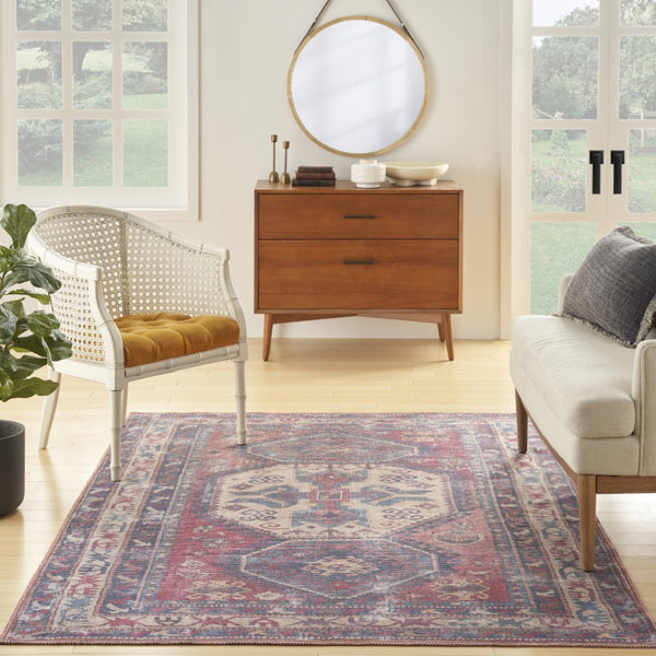 HomeRoots 5' Southwestern Area Rug with Distressed Medallion Design in Rich Red and Navy for Boho Charm 5' X 7' 480385