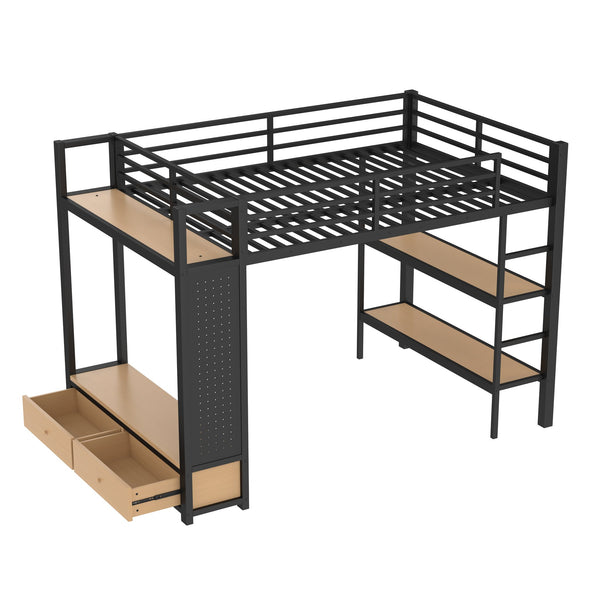 English Elm Full Size Loft Bed Frame With Integrated Wardrobe, Storage Shelves, And Pegboard For Smart Living W1580S00232