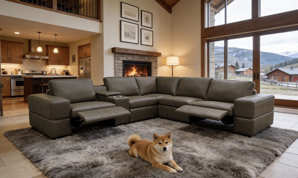 English Elm Premium Leather Match Sectional with Dual Recliners Cup Holders and Storage Console Olive Green B2748S00157
