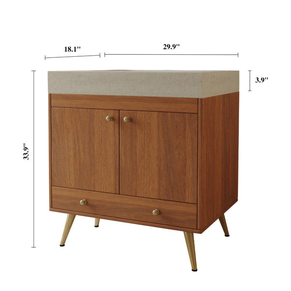 English Elm Mid-century Freestanding Bathroom Vanity with Marble Stone Top and Gold Steel Legs W3136S00065