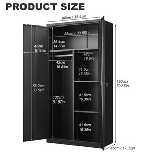 English Elm Black Steel Lockable Wardrobe with Hanging Rod Adjustable Shelves for Organized Storage Black W1247P372607