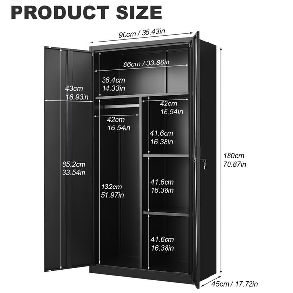 English Elm Black Steel Lockable Wardrobe with Hanging Rod Adjustable Shelves for Organized Storage Black W1247P372607