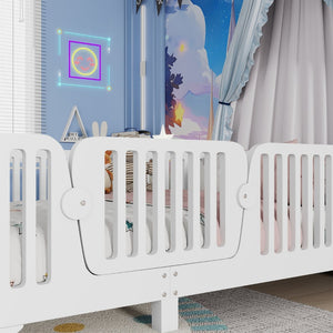 English Elm Twin Montessori Floor Bed with Safety Rails Hinged Door and Plywood Slats for Kids White W2593P381112