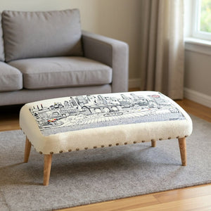 HomeRoots 38" Cream Wool Ottoman with Brown Accents - Stylish Multi-Functional Seating & Footrest for Any Space 480543