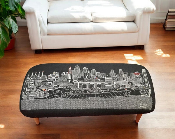 HomeRoots 38" Black Wool Ottoman with Brown Legs - Stylish Rectangular Seating, Footrest & Accent Piece 480544