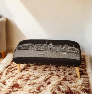 HomeRoots 38" Gray Wool Ottoman with Brown Legs - Elegant Versatile Footrest or Table for Any Living Space 480549