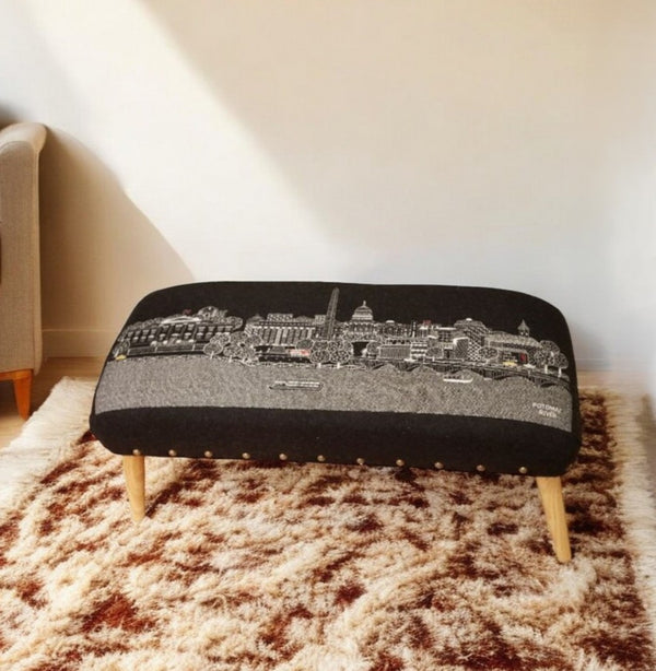 HomeRoots 38" Gray Wool Ottoman with Brown Legs - Elegant Versatile Footrest or Table for Any Living Space 480549
