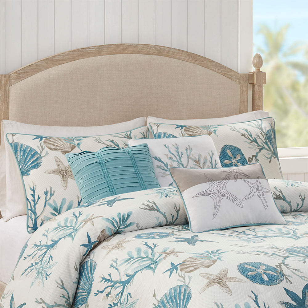 JLA Home Madison Park - 6 Piece Cotton Sateen Duvet Cover Set with Coastal Shell & Starfish Print, Embroidered Pillows, OEKO-TEX Certified Aqua MP12-8075