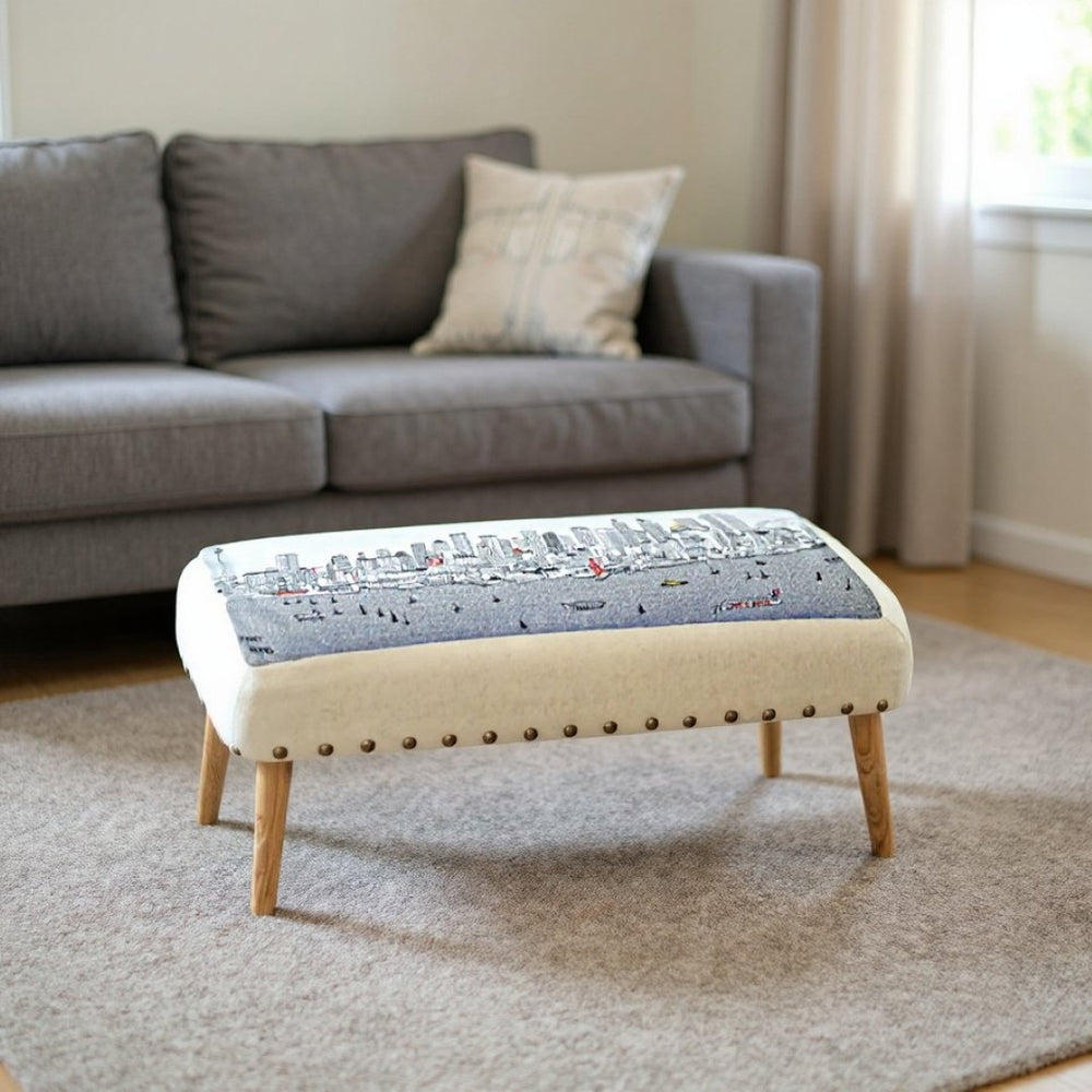 HomeRoots 38" Cream Wool Ottoman with Brown Trim - Versatile Rectangular Design for Elegant Living Spaces 480550