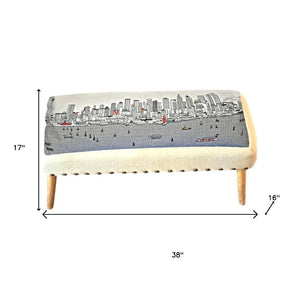 HomeRoots 38" Cream Wool Ottoman with Brown Trim - Versatile Rectangular Design for Elegant Living Spaces 480550