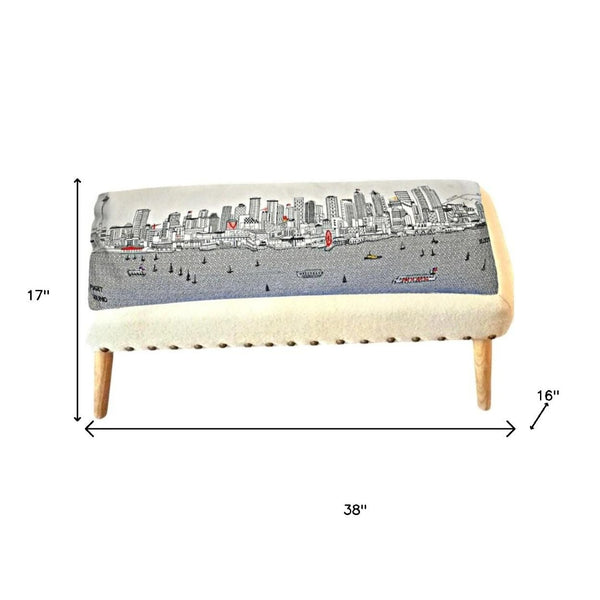 HomeRoots 38" Cream Wool Ottoman with Brown Trim - Versatile Rectangular Design for Elegant Living Spaces 480550
